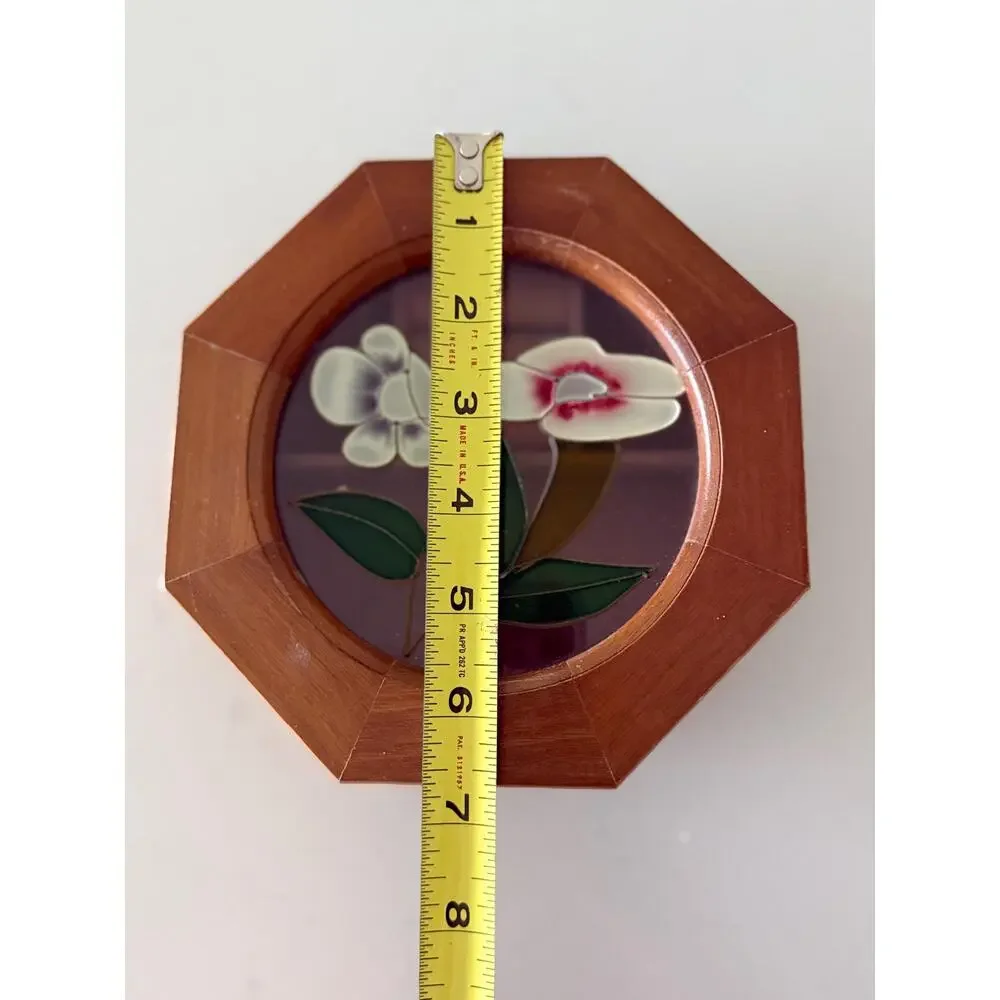 Vintage Octagonal Wood Jewelry Ring Box Hand Painted Floral Glass Lid Pink